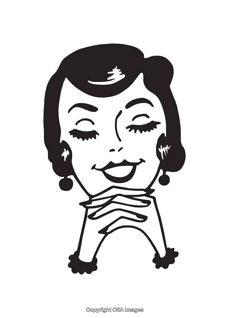 Retro Style Black and White Line Art Illustration of a Smiling Woman