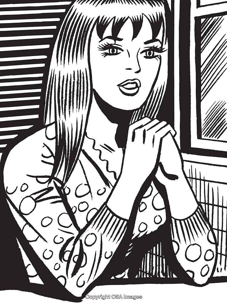 Monochrome Illustration of a Retro Woman in Thoughtful Expression by a Window