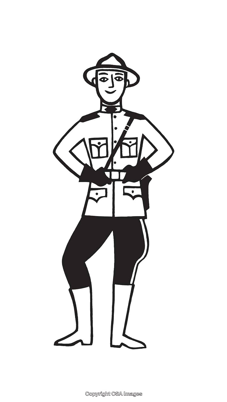 Black and White Line Art of a Uniformed Person Standing Confidently