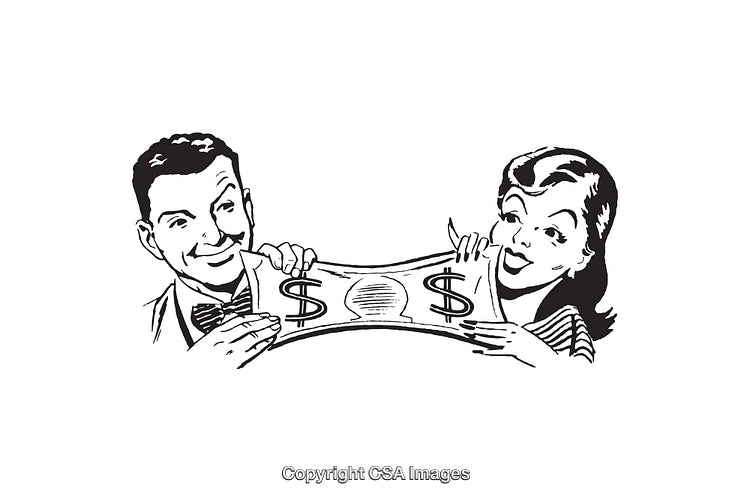 Retro Line Art Illustration Depicting Financial Conflict Between a Couple