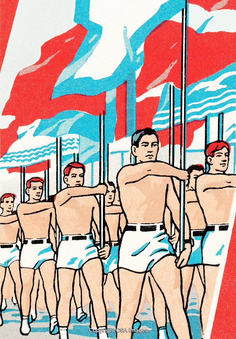 Group of Marching Individuals Holding Flags in a Retro Poster Style Art