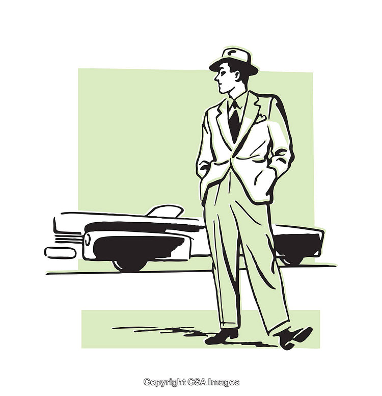 Retro Illustration of a Stylish Man Standing Next to a Classic Car