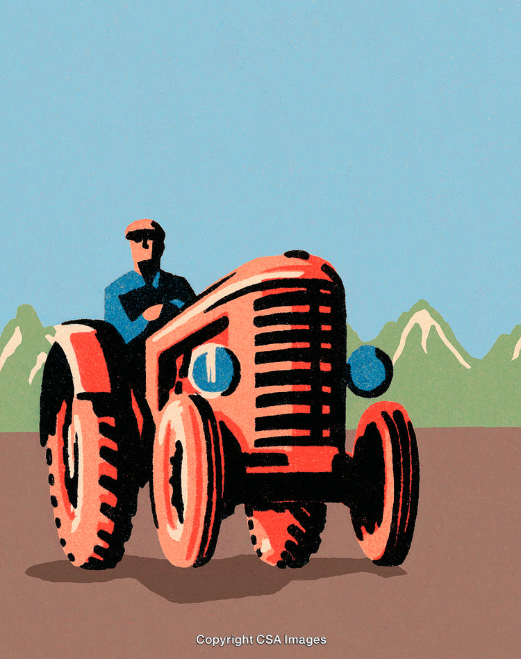 Tractor on Agricultural Field with Mountains in Vintage Illustration Style