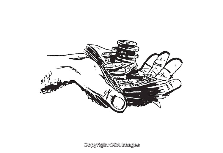Black and White Line Art Showing Hand Holding Coins and Banknotes