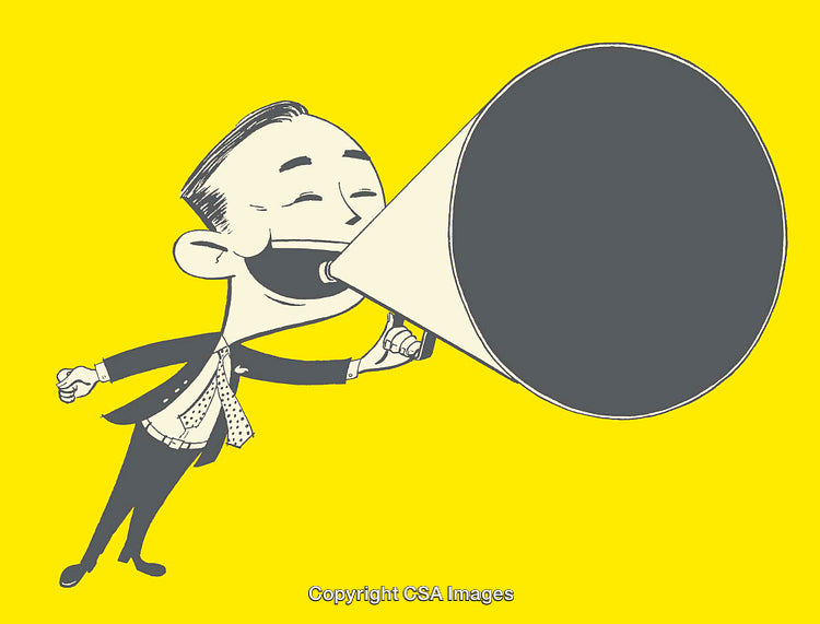 Business Figure With Megaphone on Bright Yellow Background for Communication