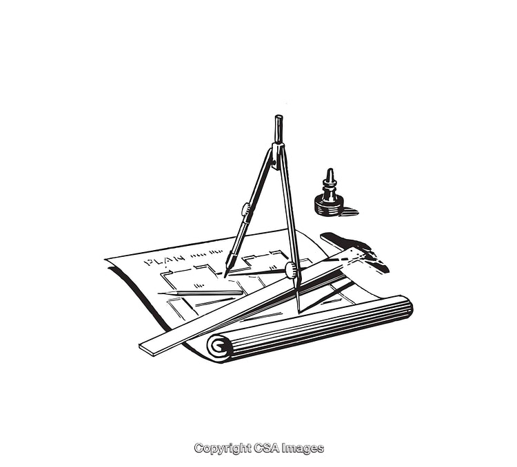Black And White Line Art of Architectural Drawing Tools and Blueprint