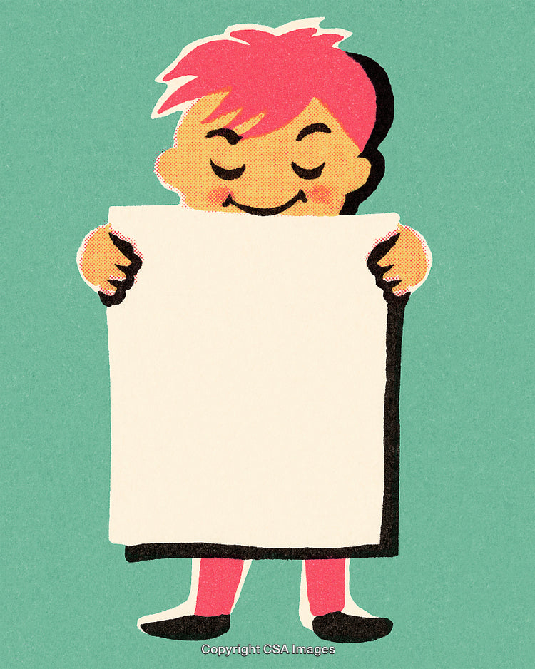 Illustrative Child Holding Blank Sign on Green Background