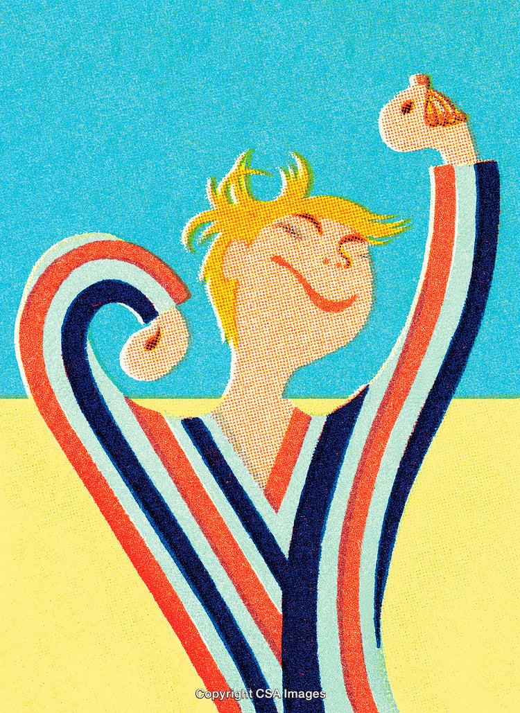 Illustration of Cheerful Person Celebrating with Joyful Pose and Colorful Stripes