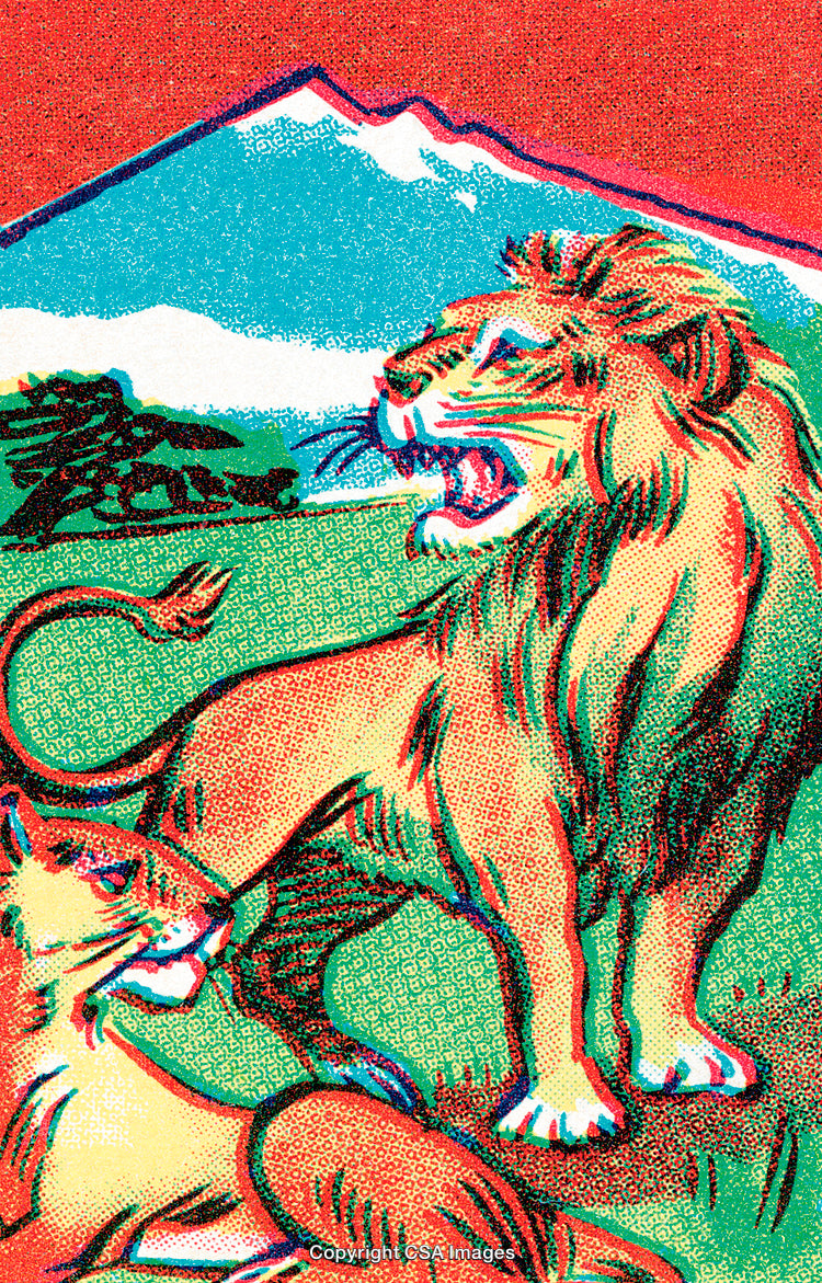 Illustrative Roaring Lion and Lioness in Vibrant Colorful Scenic Landscape