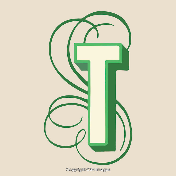 Elegant Graphic Illustration of the Letter T with Green Swirls