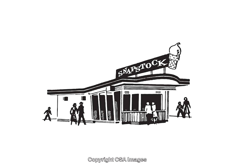 Black and White Line Art of Family-Friendly Ice Cream Shop
