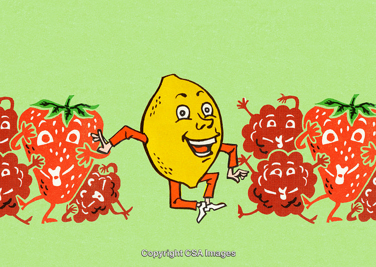 Playful Cartoon Fruits with Lemon, Strawberries, and Raspberries on Green Background