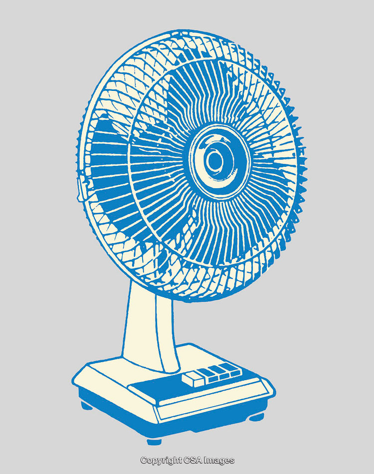 Blue Line Art Illustration of a Table Fan on a Gray Background