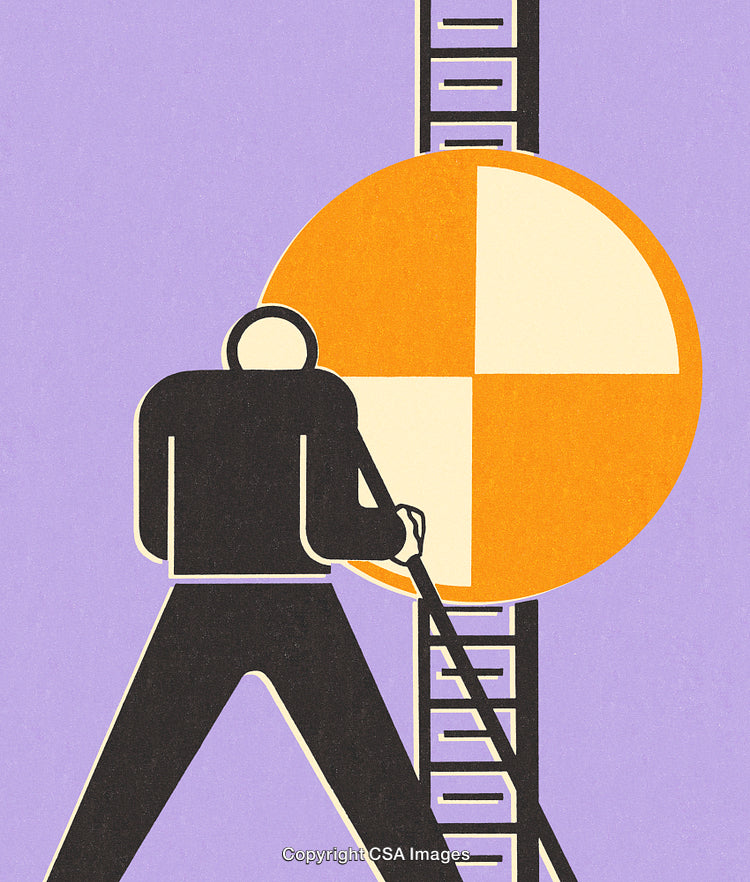 Abstract Illustration Featuring Ladder and Figure with a Checkered Circle Design