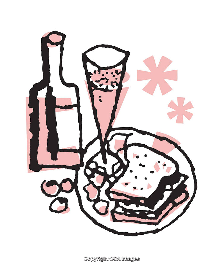 Stylish Illustration of Wine with Sandwiches and Minimalist Artistic Elements