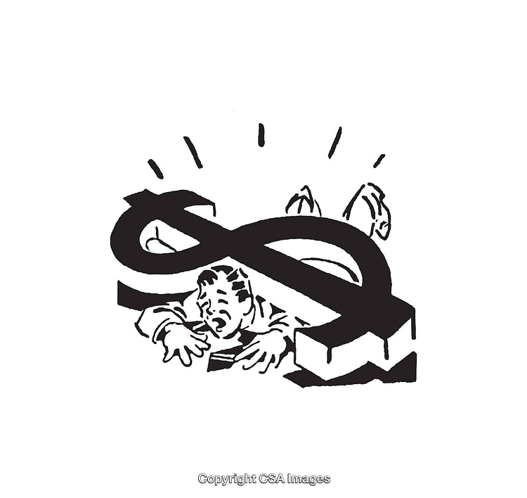 Black and White Illustration of Man Struggling Under a Dollar Sign Depiction