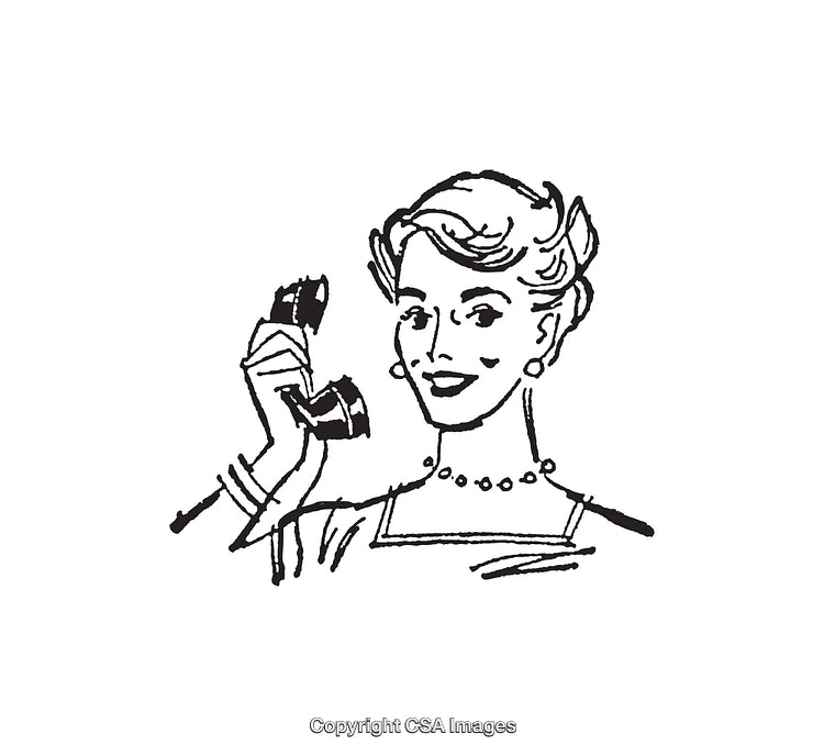 Retro Line Art Illustration of a Smiling Woman Holding a Telephone