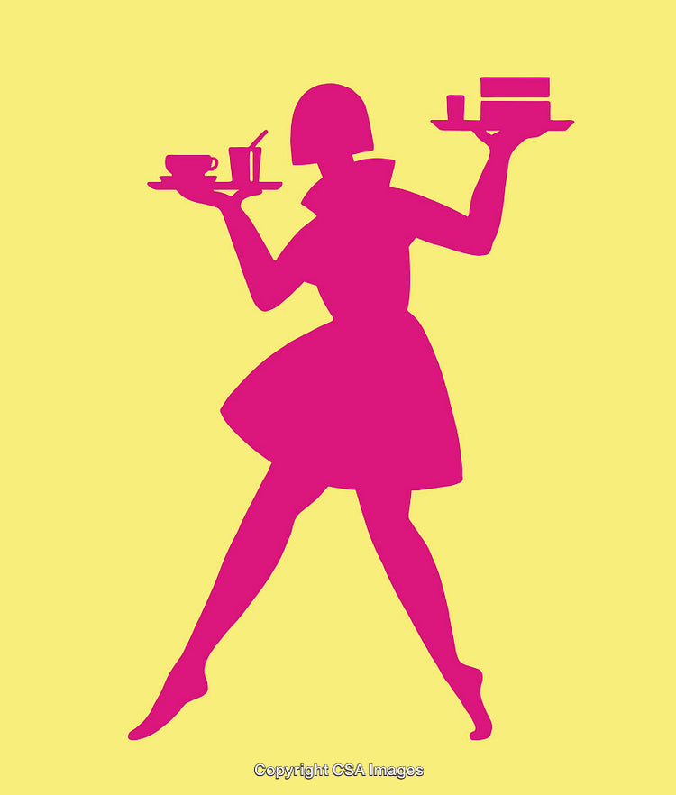 Pink Silhouette of a Waitress with Yellow Background Holding Food and Drink