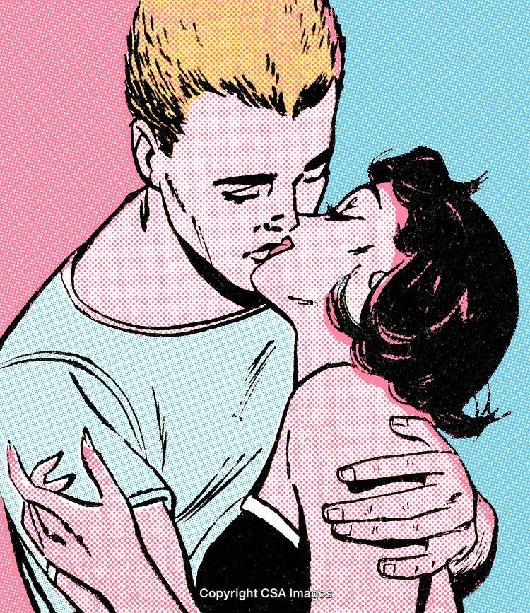 Retro Comic Style Illustration of a Romantic Couple Sharing a Kiss