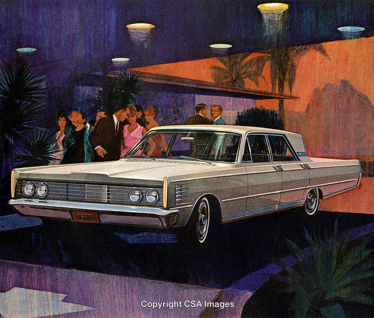 Vintage White Sedan Depicted in a Stylish Nighttime Social Gathering Scene