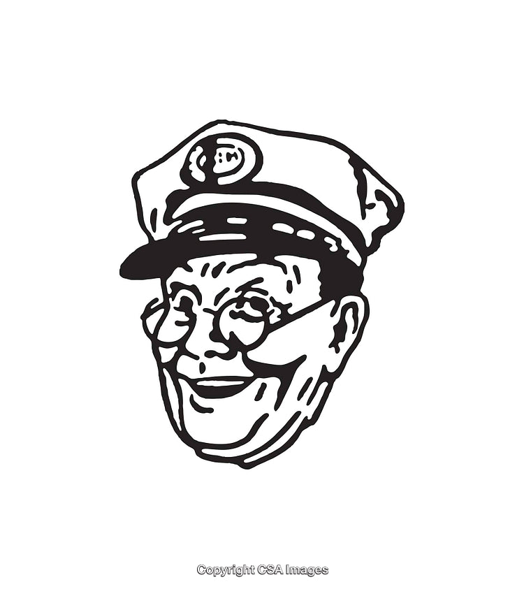Black And White Line Drawing of a Smiling Person in Uniform Hat