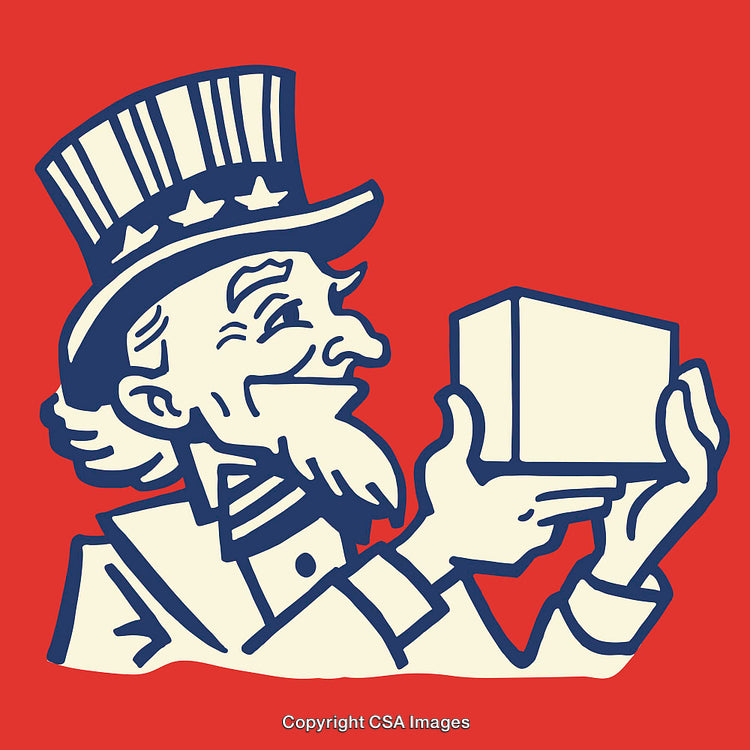 Vintage Illustration of Character Holding a Box in Patriotic Colors