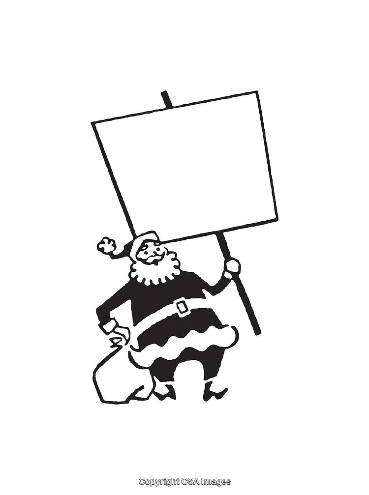Black And White Line Art Illustration of Santa Carrying a Sign and Sack