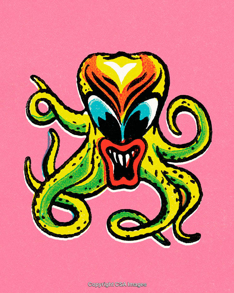 Colorful Cartoon Octopus Sticker on Bright Pink Background with Bold Design