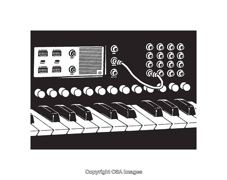 Retro Synthesizer Keyboard with Modular Controls in Black and White Line Art