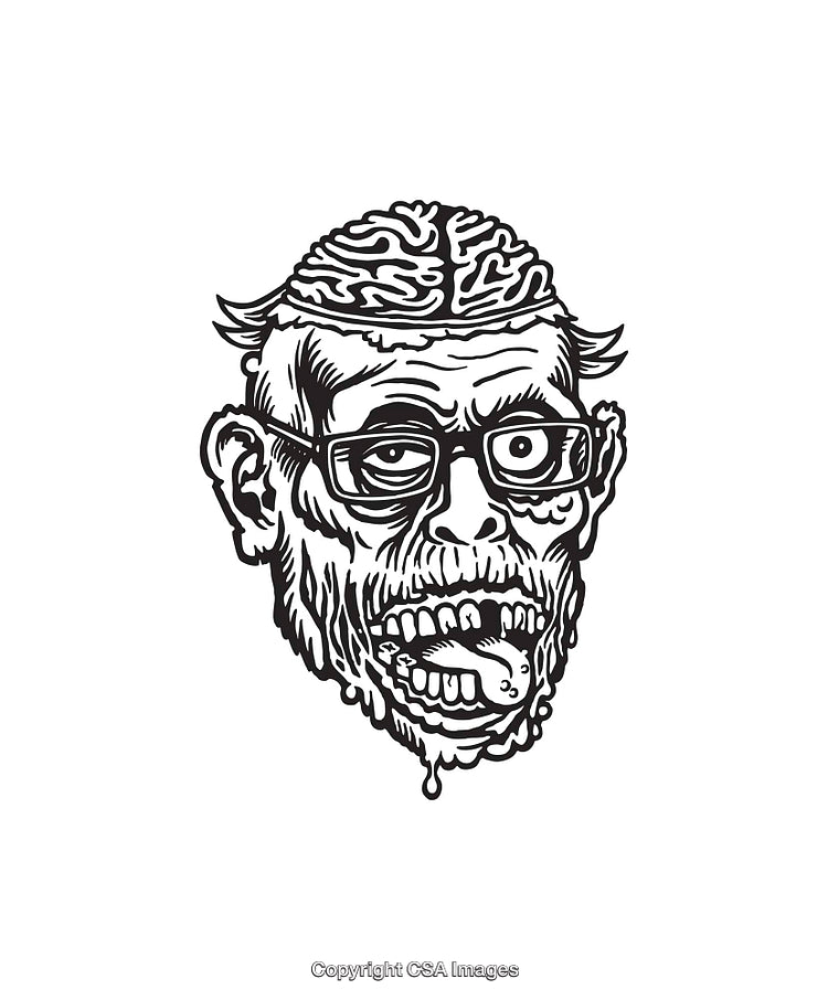 Black and White Illustration of a Stylized Zombie Head with Exposed Brain