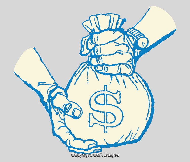 Illustration of Hands Holding and Receiving a Dollar-Sign Bag of Money