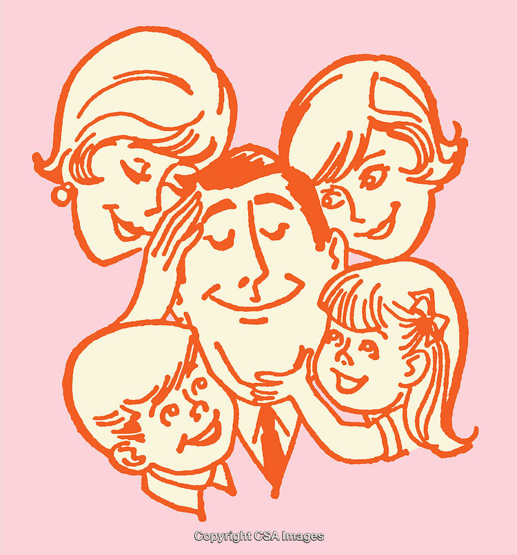 Retro Line Art of a Smiling Family Embracing Together in Joy