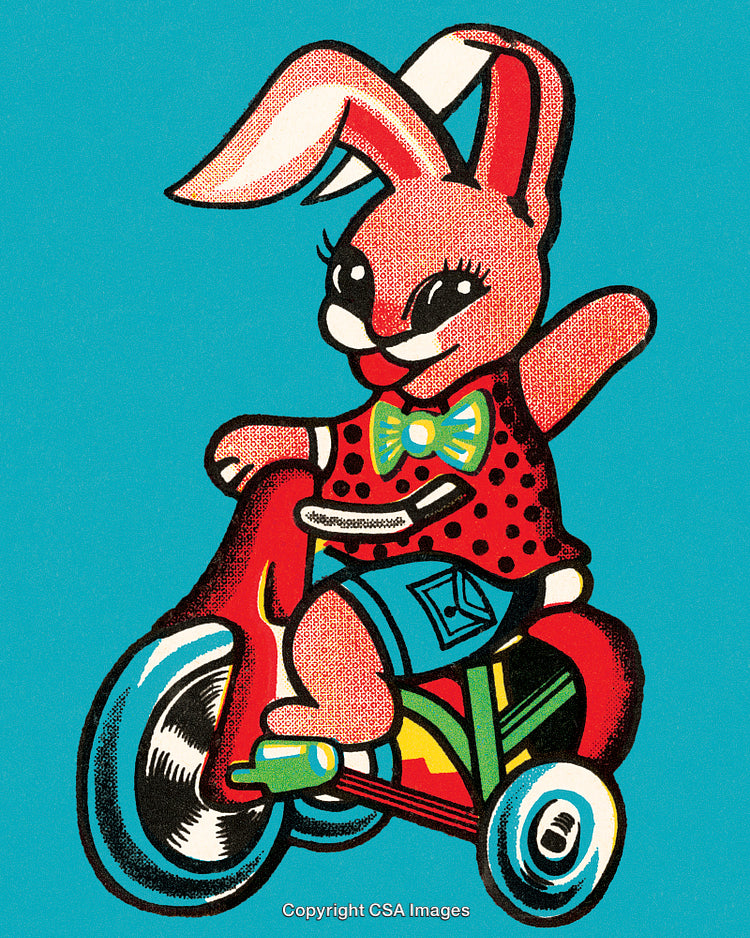 Vibrant Retro Illustration of a Rabbit Riding a Colorful Tricycle
