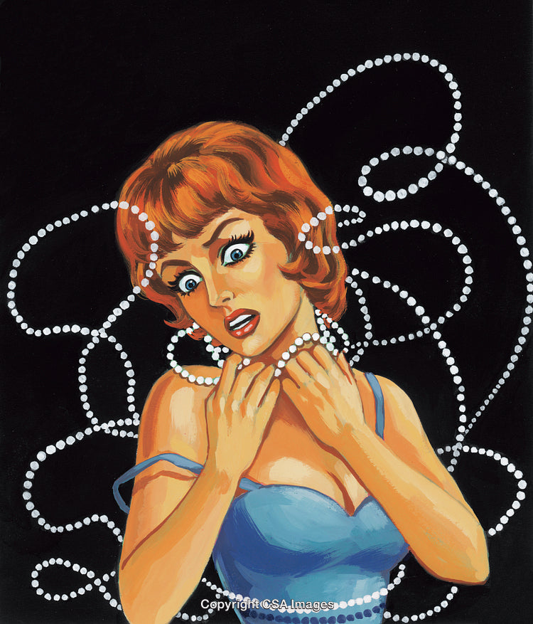 Red-Haired Woman Tangled in Pearls with a Surprised Expression