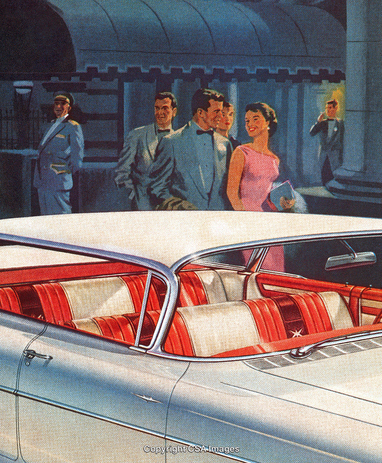 Elegant Evening With Vintage Car and Well-Dressed People in Formal Attire