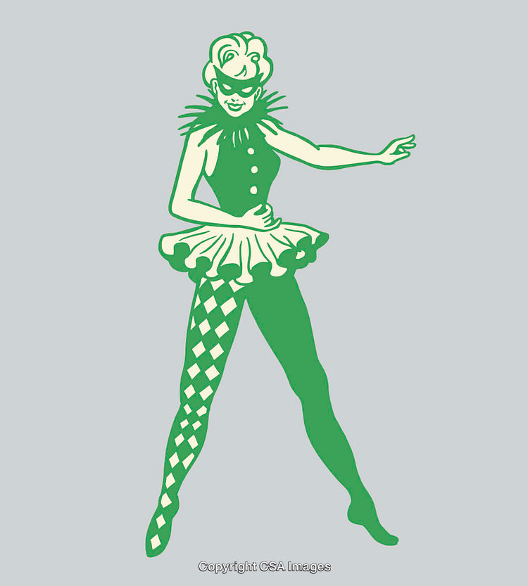 Green and White Harlequin Performer Illustration with Mask and Costume Details