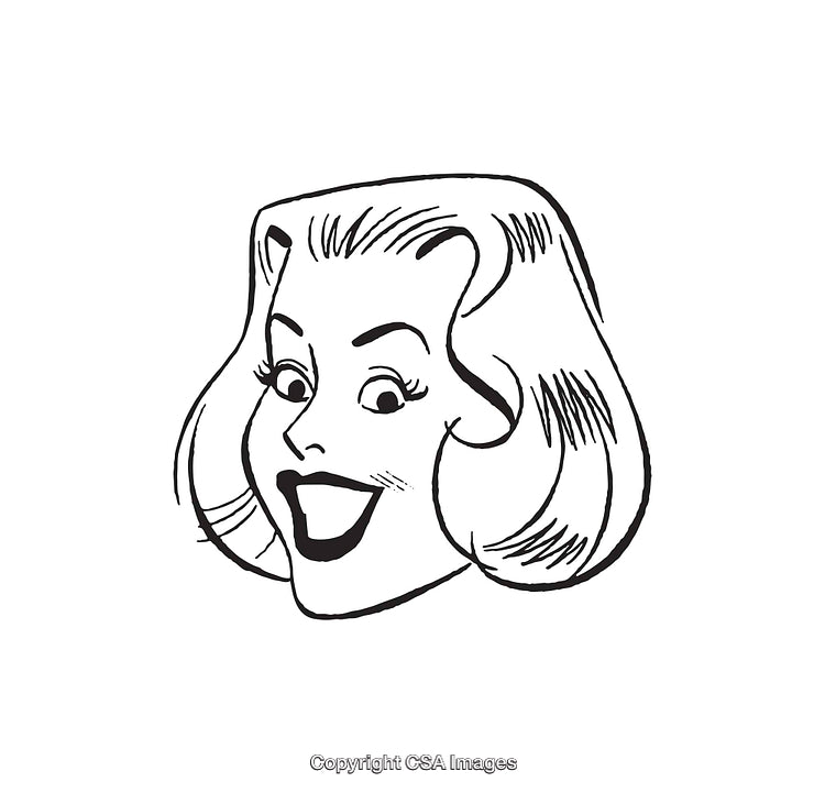 Retro Black and White Smiling Woman Face Line Art Illustration
