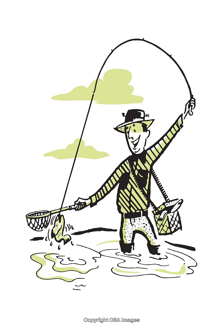 Illustration of Fisherman Catching Fish with Net in a Scenic Setting