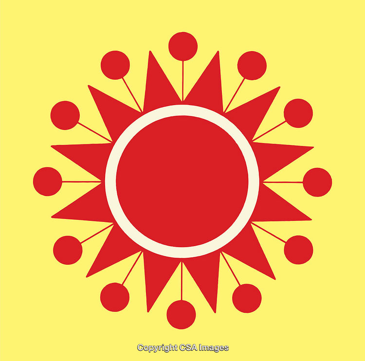 Abstract Geometric Artwork Featuring Red and Yellow Circular Sun Design