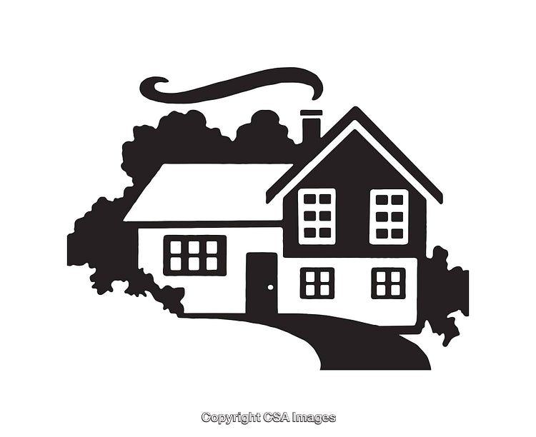 Classic Black and White Illustration of House Amid Trees