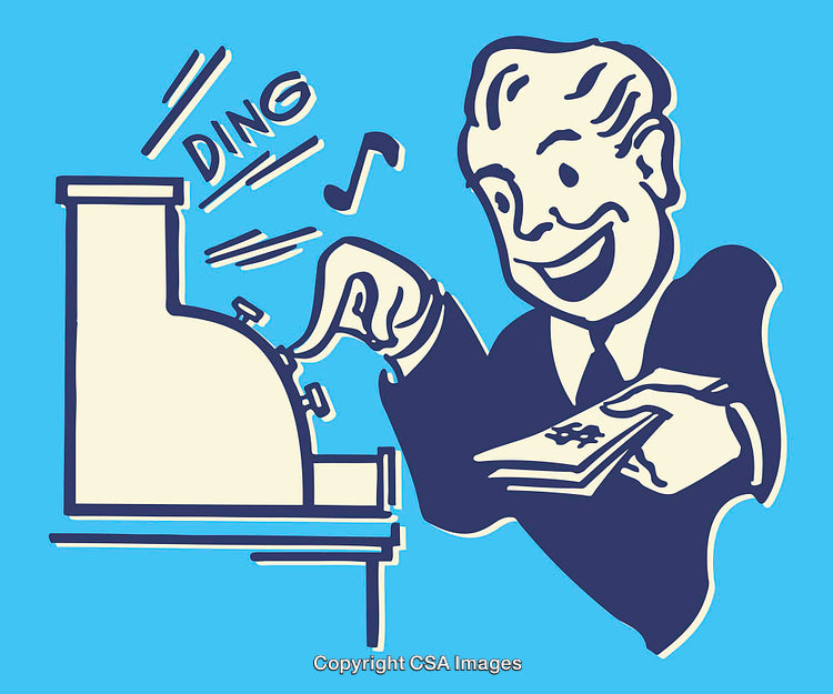Retro Style Illustration of Businessman Using Cash Register with Joyful Expression