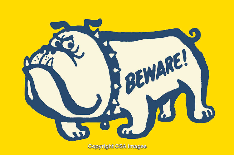 Aggressive Bulldog Illustration With 'Beware!' Text On Bright Yellow Background