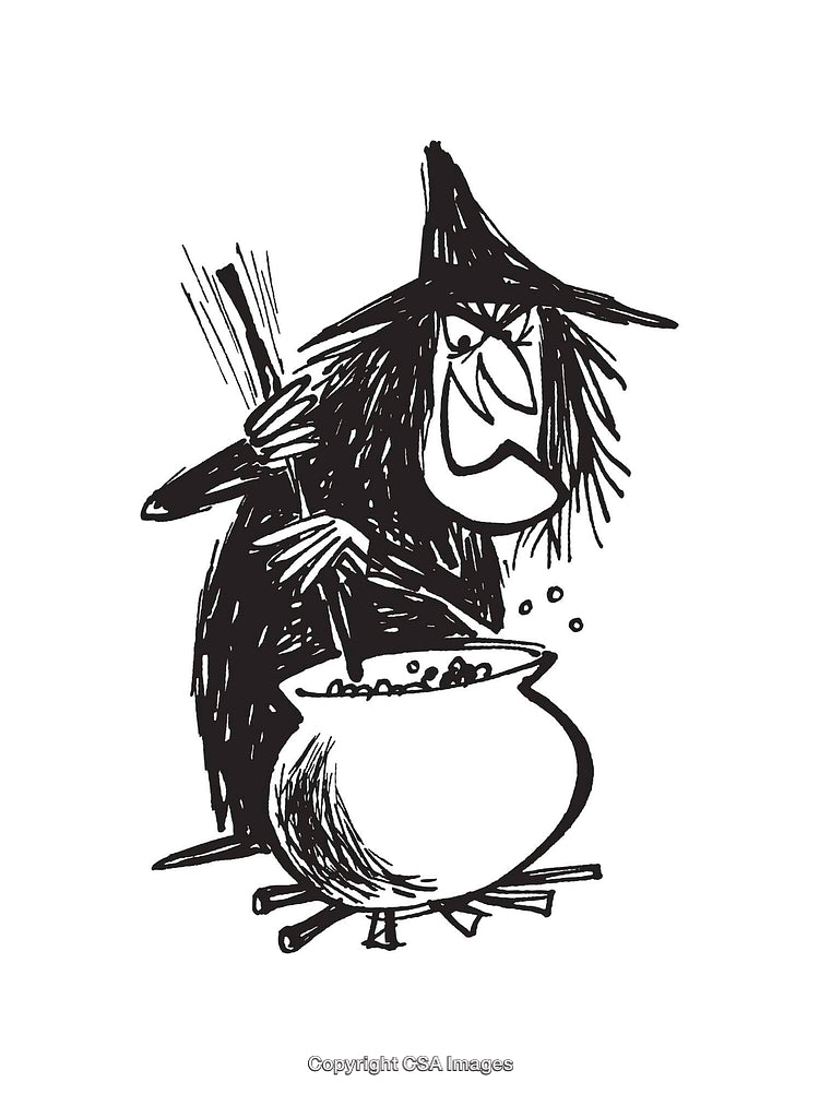 Black and White Line Art of a Witch Stirring a Pot