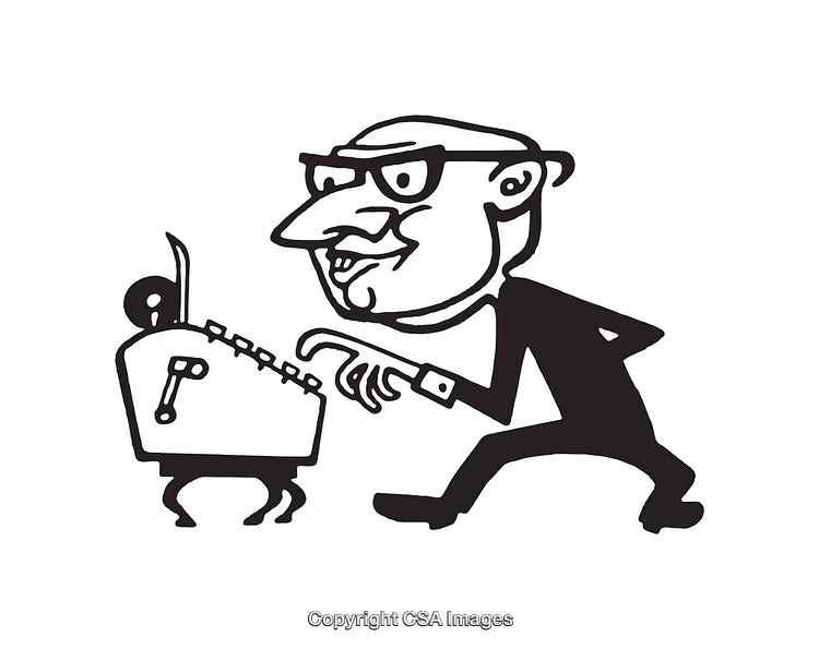 Cartoon Illustration of Suspicious Scientist Operating a Machine