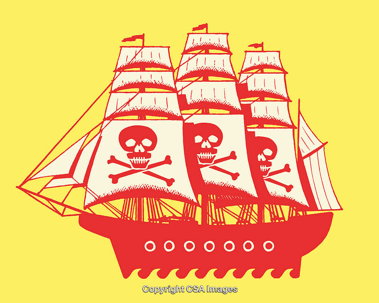 Red Pirate Ship Illustration with Skull Decorated Sails on Yellow Background