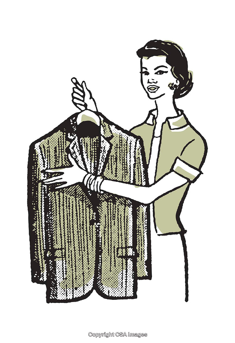Vintage-Style Illustration of Woman Displaying a Suit Jacket in a Retro Style