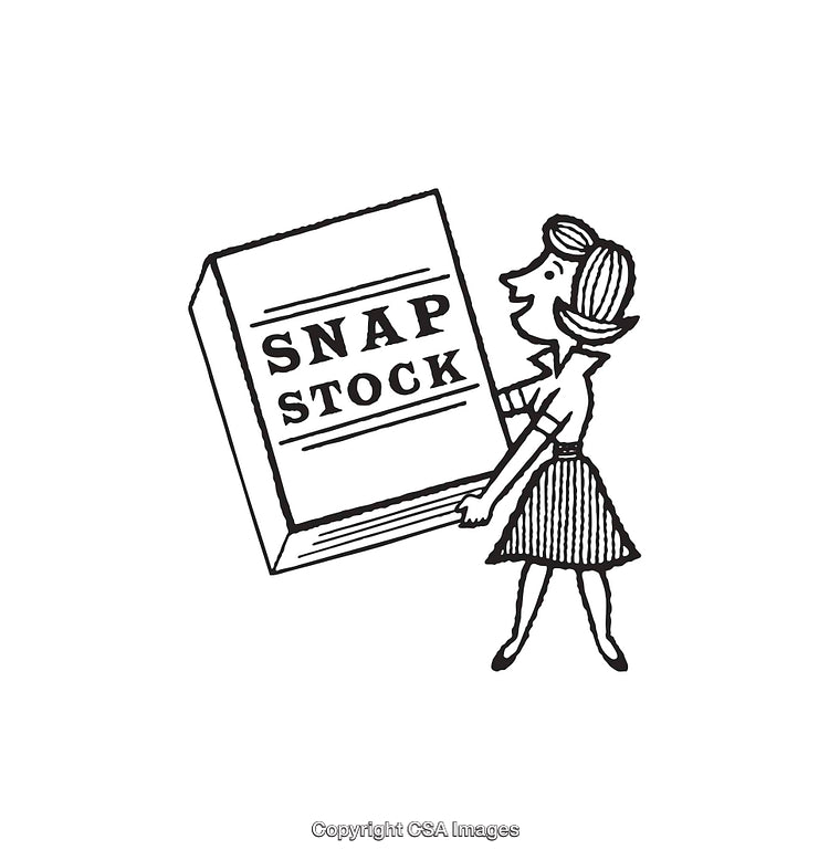 Black and White Retro Line Art of Woman Holding a Large Box