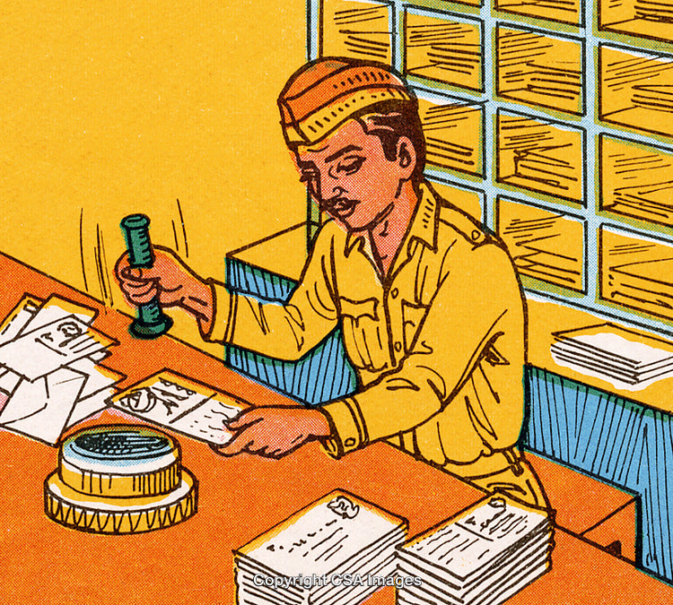 Illustration of a Worker Sorting Mail in a Postal Office Scene