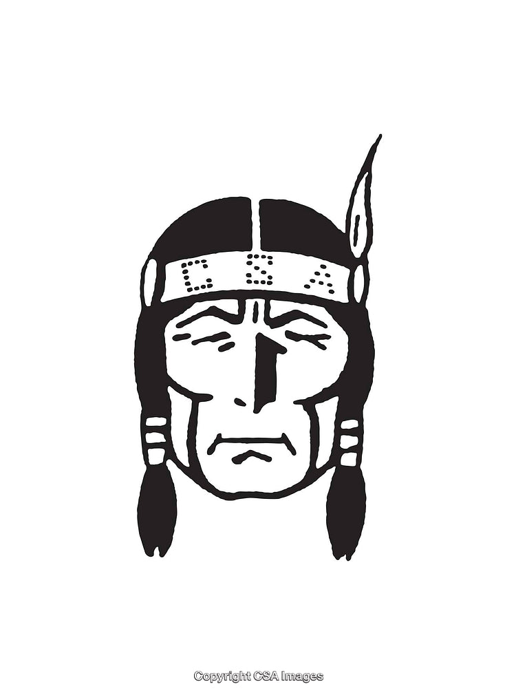 Black and White Line Art of Indigenous-Inspired Head Illustration with Feather