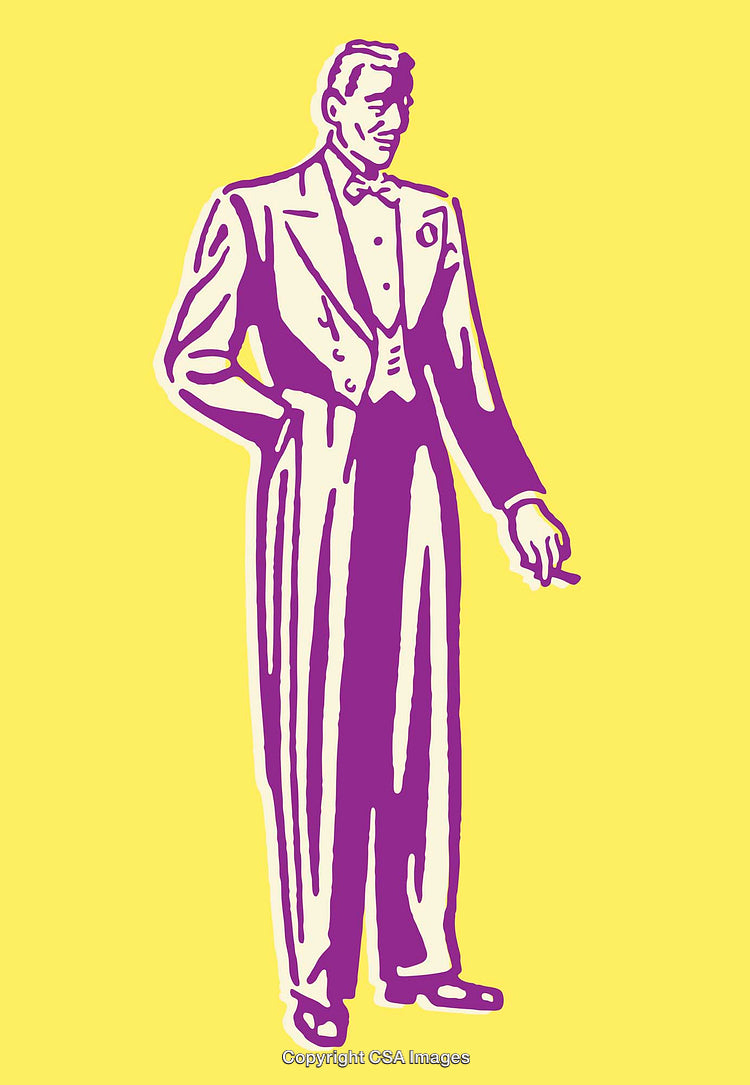 Vintage Purple-Line Art of Man in Suit Against Bright Yellow Background